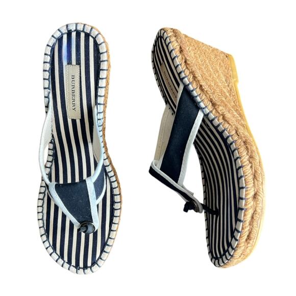 Burberry Shoes - Burberry Women’s Vintage Navy Blue White Nautical Stripe Rattan Wedge Heels 37